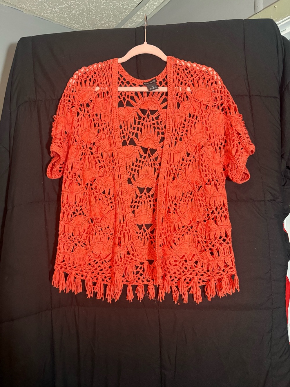 new directions Bright Orange Crochet Fringe Open Front Shrug